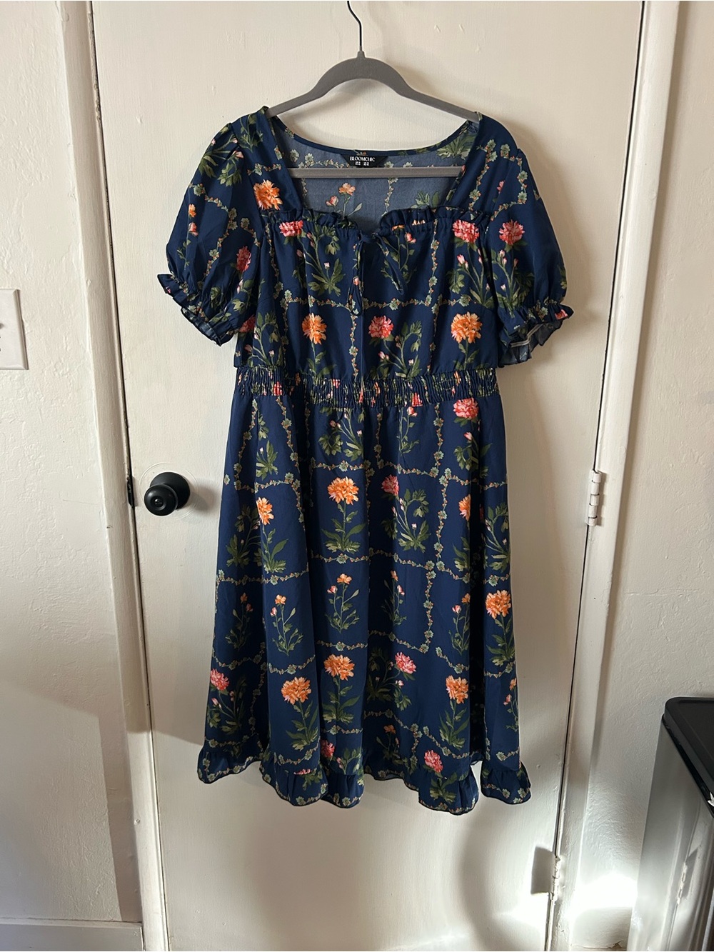 Bloomchic Floral Navy Puff-Sleeve Dress